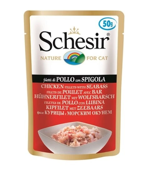 Пауч SCHESIR для взрослых кошек цыпленок с морским окунем в желе 132.С766