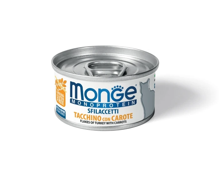 Консервы MONGE Monoprotein для взрослых кошек хлопья из индейки с морковью на пару 70007191