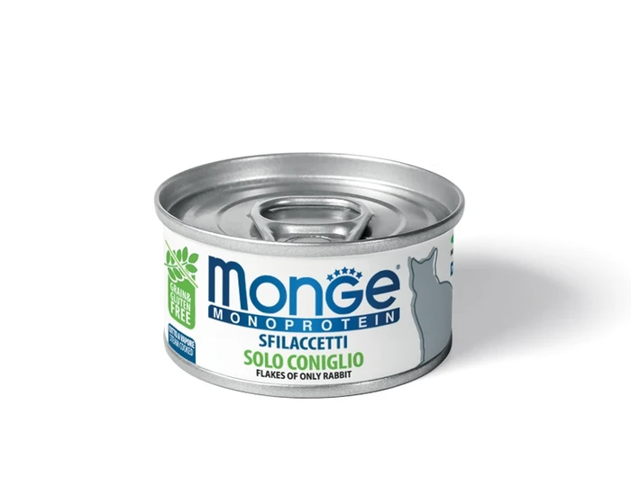 Консервы MONGE Monoprotein для взрослых кошек хлопья из кролика на пару 70007177