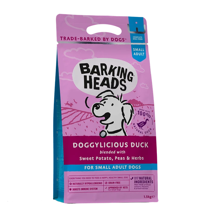 Беззерновой сухой корм BARKING HEADS DOGGYLICIOUS DUCK для собак малых пород с уткой и бататом "Восхитительная утка" 18143