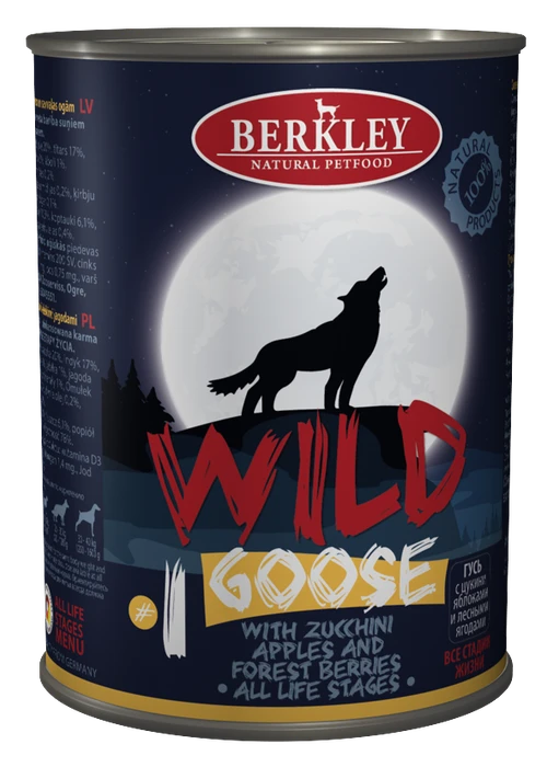Консервы BERKLEY WILD GOOSE № 1 для щенков и собак Гусь с цукини яблоками и лесными ягодами 75080