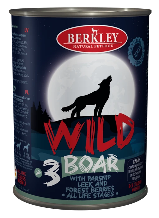 Консервы BERKLEY WILD Boar № 3 для щенков и собак Кабан с пастернаком, сладким луком и лесными ягодами 75082