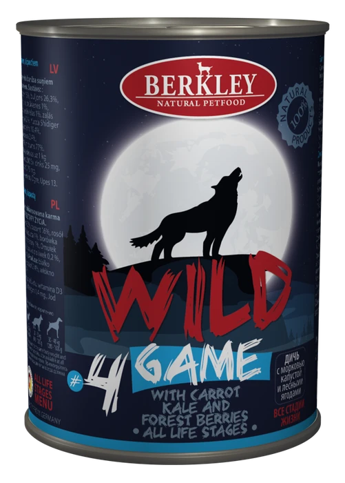 Консервы BERKLEY WILD GAME № 4 для щенков и собак Дичь с морковью, капустой и лесными ягодами 75083