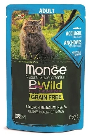 Паучи беззерновые Monge BWild для кошек из анчоусов с овощами (Pouch Grain Free Adult Cat Anchovies with vegetables) 70012775