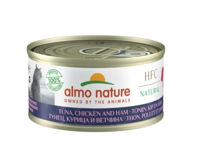 Консервы ALMO NATURE для взрослых кошек с тунцом, курицей и ветчиной 75% мяса HFC Adult Cat Tuna Сhicken and Ham Cuisine