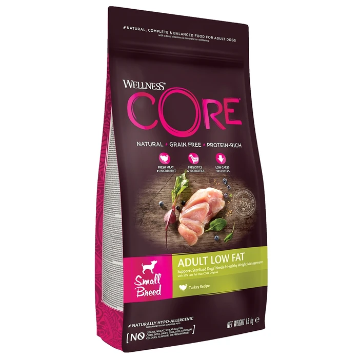Беззерновой сухой корм WELLNESS CORE для собак мелких пород с пониженной жирностью с индейкой и курицей Small Breed Low Fat Turkey with Chicken Recipe W10738