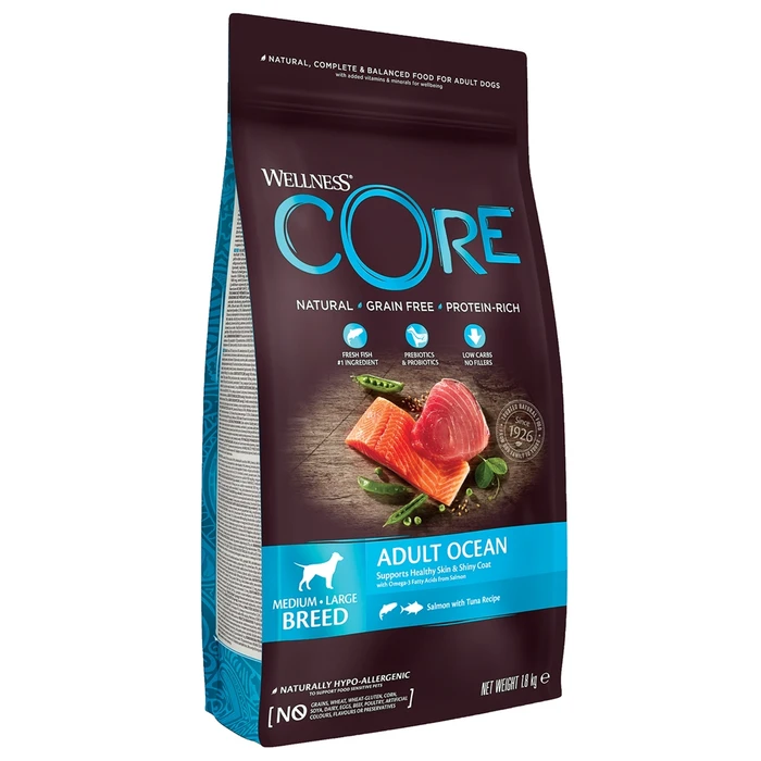 Беззерновой сухой корм WELLNESS CORE для взрослых собак средних и крупных пород с лососем и тунцом Dog Ocean Salmon with Tuna Recipe W10750
