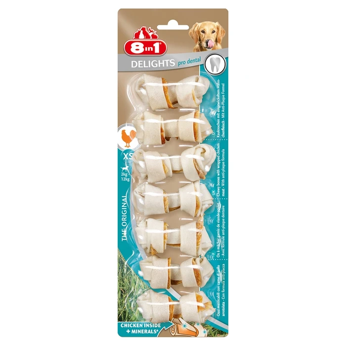Косточки для чистки зубов с куриным мясом для мелких собак 8in1 DENTAL DELIGHTS XS с минералами 7,5 см 7 шт 102595