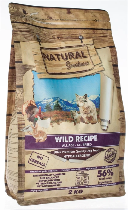 Беззерновой сухой корм Natural Greatness для щенков и собак всех пород с кроликом, уткой, курицей и индейкой Wild Recipe