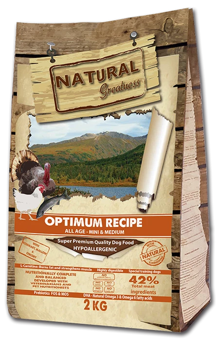 Низкозерновой сухой корм Natural Greatness для щенков и собак малых и средних пород с курицей и индейкой Optimum Recipe Mini/Medium