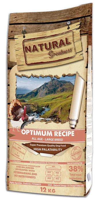 Низкозерновой сухой корм Natural Greatness для щенков и собак крупных пород с курицей и индейкой Optimum Recipe Large Breed