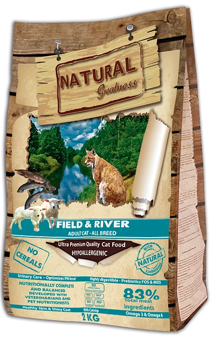 Беззерновой сухой корм Natural Greatness для кошек с лососем и янгенком Field and River Recipe Adult Cat