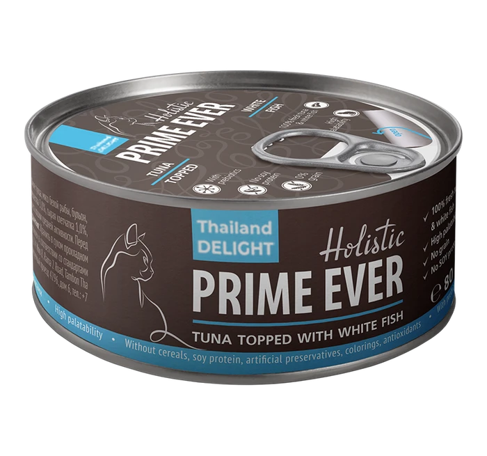Консервы Prime Ever Holistic для котят и кошек тунец с белой рыбой в желе una Topped With White Fish