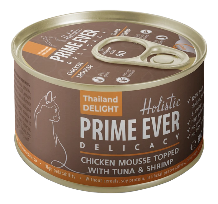 Консервы Prime Ever Holistic мусс для котят и кошек цыпленок с тунцом и креветками Delicacy Chicken Mousse topped with tuna and shrimp