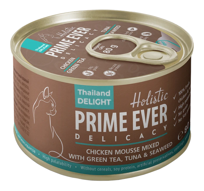Консервы Prime Ever Holistic мусс для котят и кошек цыпленок с тунцом с зеленым чаем и водорослями Delicacy Delicacy Chicken Mousse Mixed With Green Tea And Topped With Tuna And Seaweed