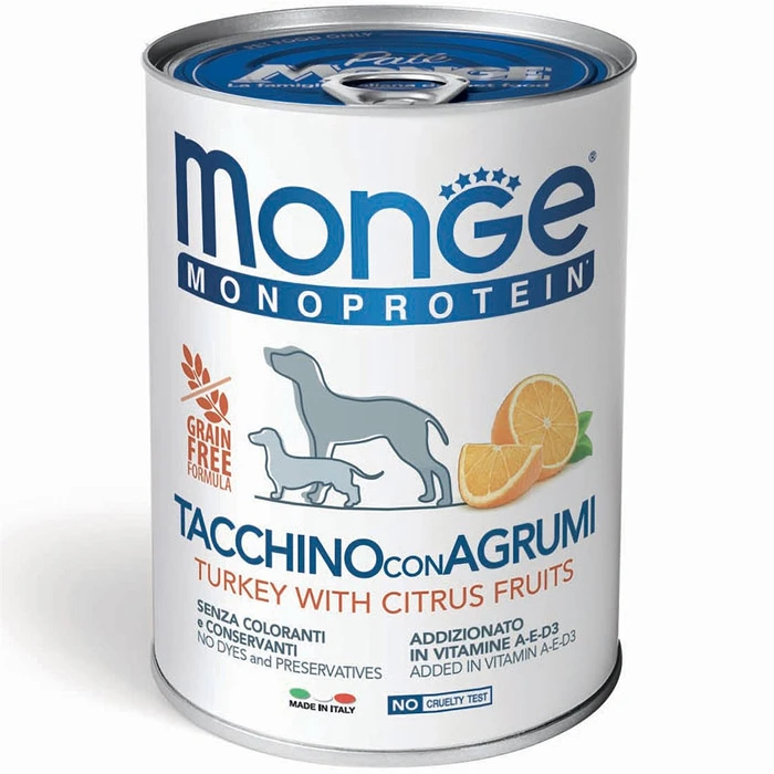 Паштет MONGE Monoprotein Fruits для собак с индейкой и цитрусовыми Tacchinoconagrumi Turkey with Citrus Fruits 400 гр