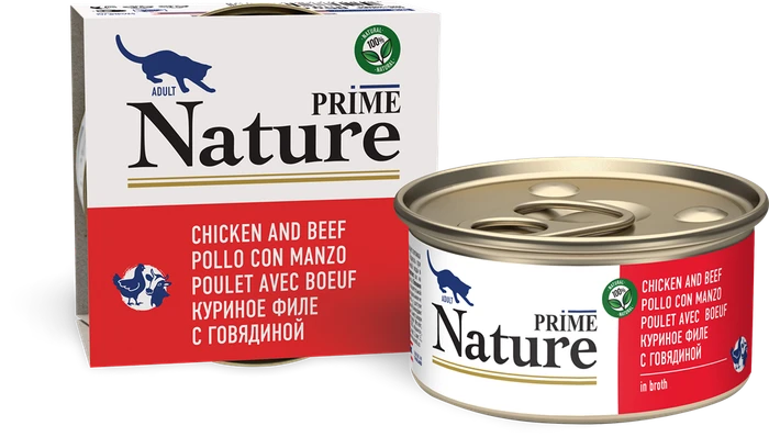 Консервы PRIME NATURE для взрослых кошек куриное филе с говядиной в бульоне