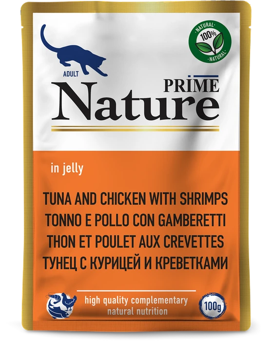 Пауч PRIME NATURE для взрослых кошек тунец с курицей и креветками в желе
