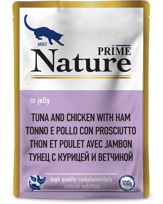 Пауч PRIME NATURE для взрослых кошек с тунцом, курицей и ветчиной в желе