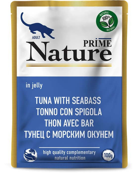 Пауч PRIME NATURE для взрослых кошек тунец с морским окунем в желе