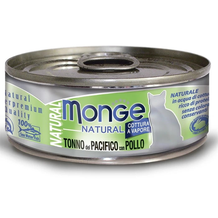 Консервы MONGE Cat Natural для взрослых кошек с тихоокеанским тунцом и курицей 75% мяса