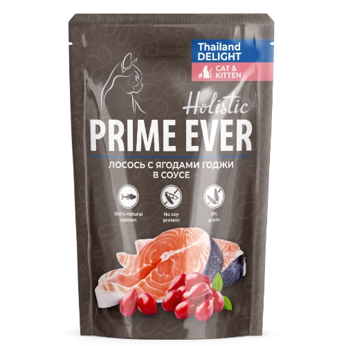 Пауч Prime Ever Holistic для котят и кошек лосось с ягодами годжи в соусе ЦБ-00056481