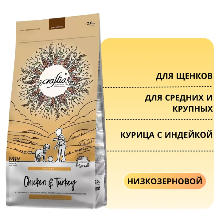 Сухой корм CRAFTIA NATURA для щенков средних и крупных пород из курицы и индейки (CHICKEN & TURKEY PUPPY MEDIUM & LARGE BREED) CRF5420635