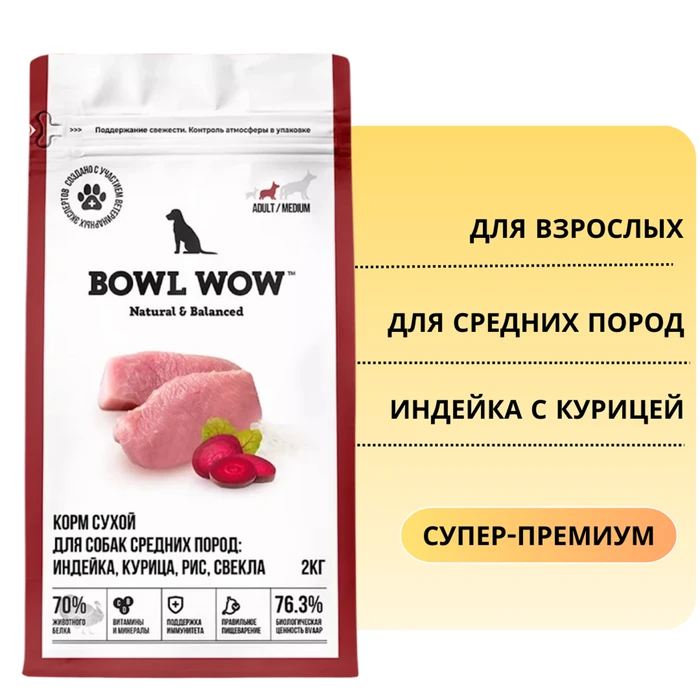 Сухой корм BOWL WOW для взрослых собак средних пород с индейкой, курицей, рисом и свеклой 34200025
