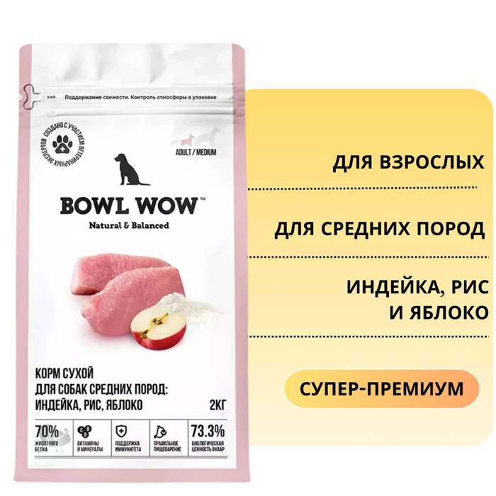 Сухой корм BOWL WOW для взрослых собак средних пород с индейкой, рисом и яблоком 34200021