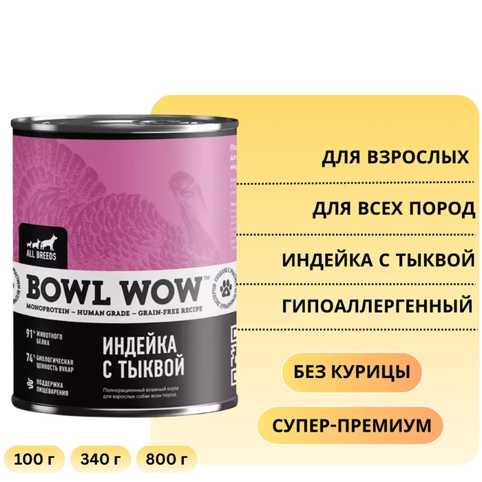 Консервы BOWL WOW для собак всех пород с индейкой и тыквой 34300004