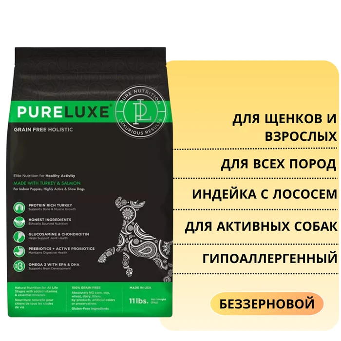 Беззерновой сухой корм PURELUXE Healthy Activity с индейкой и лососем для активных собак 1706