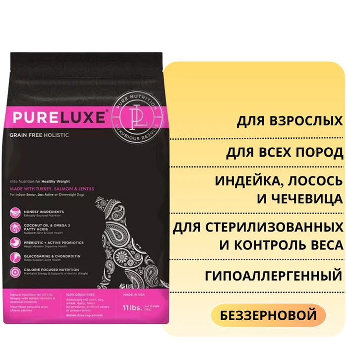 Беззерновой сухой корм PURELUXE с индейкой, лососем и чечевицей для стерилизованных собак и собак, склонных к лишнему весу 1710
