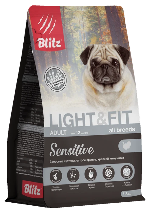 Сухой корм Blitz Sensitive для взрослых собак всех пород с лишним весом, с индейкой Adult Light&Fit BDD38-2-01800
