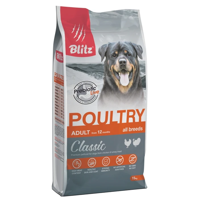 Сухой корм Blitz Classic для взрослых собак всех пород с домашней птицей Adult Dog All Breeds BDD37-1-15000