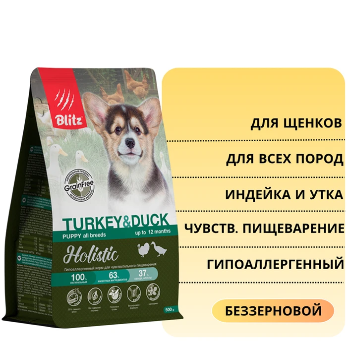 Беззерновой сухой корм Blitz Holistic для щенков всех пород, беременных и кормящих сук, при чувствительном пищеварении с индейкой и уткой Puppy Turkey & Duck BDD51-1-00500