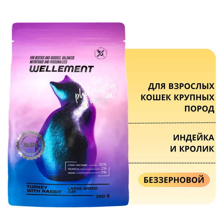 Беззерновой сухой корм Wellement для взрослых кошек крупных пород с индейкой и кроликом Large Breed Cat Turkey with Rabbit 14398