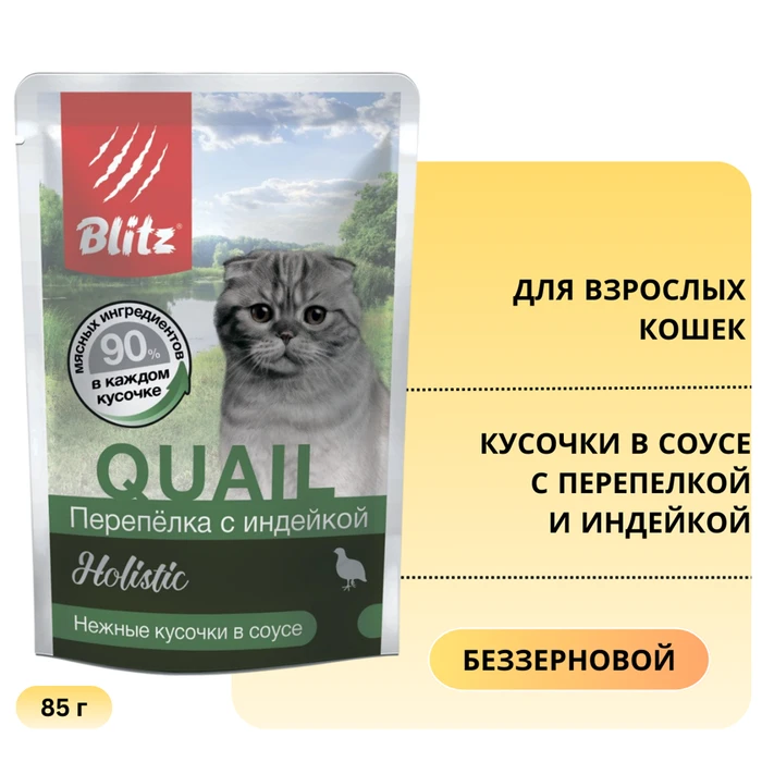 Пауч Blitz Holistic для взрослых кошек кусочки в соусе с перепелкой и индейкой Quail & Turkey in Gravy Adult Cat All Breeds BCW17-1-00085