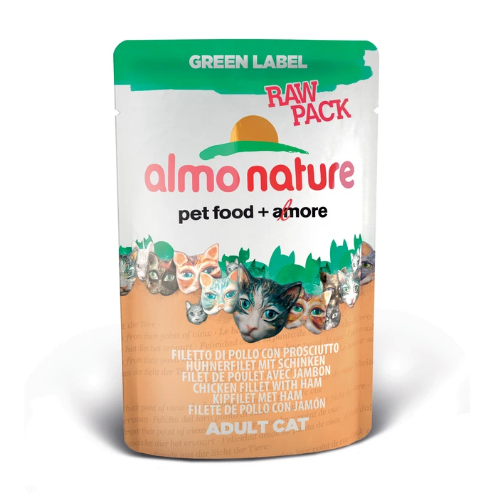 Пауч ALMO NATURE Green label Raw Pack Cat Chicken/Fish для взрослых кошек куриное филе с ветчиной 75% мяса 24079