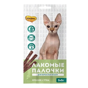 {{photo.Alt || photo.Description || 'Лакомство для кошек Мнямс лакомые палочки 13,5 см с уткой и кроликом'}}