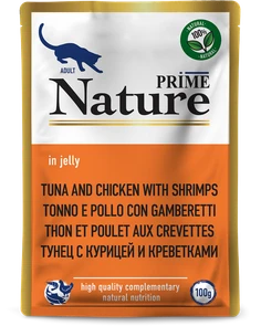 Пауч PRIME NATURE для взрослых кошек тунец с курицей и креветками в желе