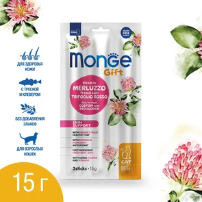 {{photo.Alt || photo.Description || 'Лакомство Monge Gift для кошек "Мягкие палочки" со свежей треской и красным клевером для здоровой кожи Skin support'}}