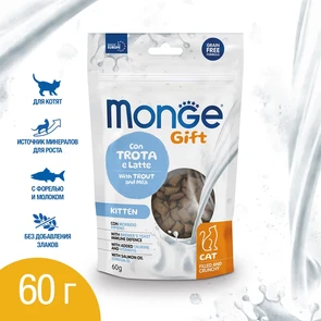 {{photo.Alt || photo.Description || 'Лакомство Monge Gift для котят "Хрустящие подушечки с начинкой" с форелью и молоком Kitten'}}