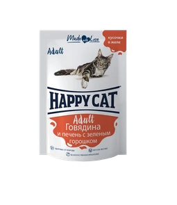 Пауч Happy Cat для взрослых кошек кусочки в желе Говядина и печень с зеленым горошком 7502317