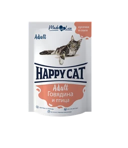 Пауч Happy Cat для взрослых кошек кусочки в соусе Говядина и птица 7502318