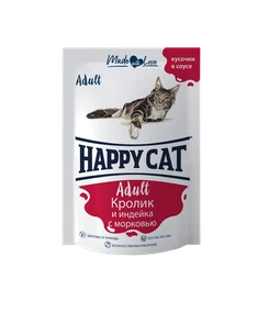 Пауч Happy Cat для взрослых кошек кусочки в соусе Кролик и индейка с морковью 7502323