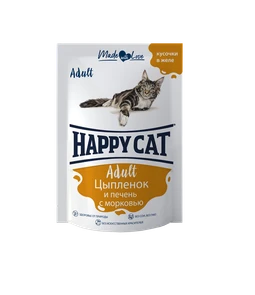 Пауч Happy Cat для взрослых кошек кусочки в желе Цыпленок и печень с морковью 7502324