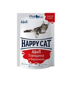 Пауч Happy Cat для взрослых кошек кусочки в соусе Говядина и баранина 7502325