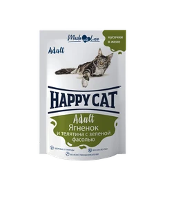 Пауч Happy Cat для взрослых кошек кусочки в желе Ягненок и телятина с зеленой фасолью 7502326
