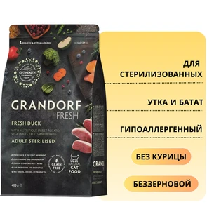 {{photo.Alt || photo.Description || 'Беззерновой cухой корм GRANDORF FRESH для стерилизованных кошек с уткой и бататом CAT STERILISED Duck&amp;Sweet Potato'}}